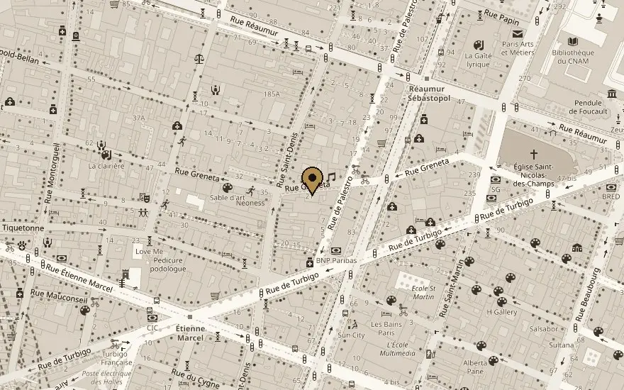 Plan du quartier de l’agence, 21 rue Greneta, entre Étienne Marcel et Réaumur-Sébastopol