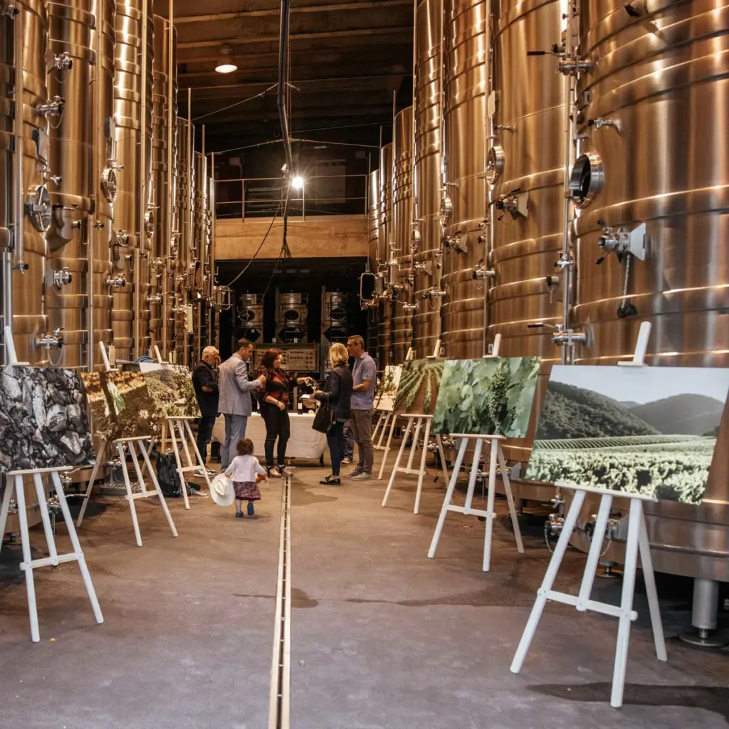Soirée anniversaire au Château du Pas du Cerf : invités autour d’une table de dégustation dans le chai, entre les cuves inox et une exposition de photos du vignoble sur chevalets