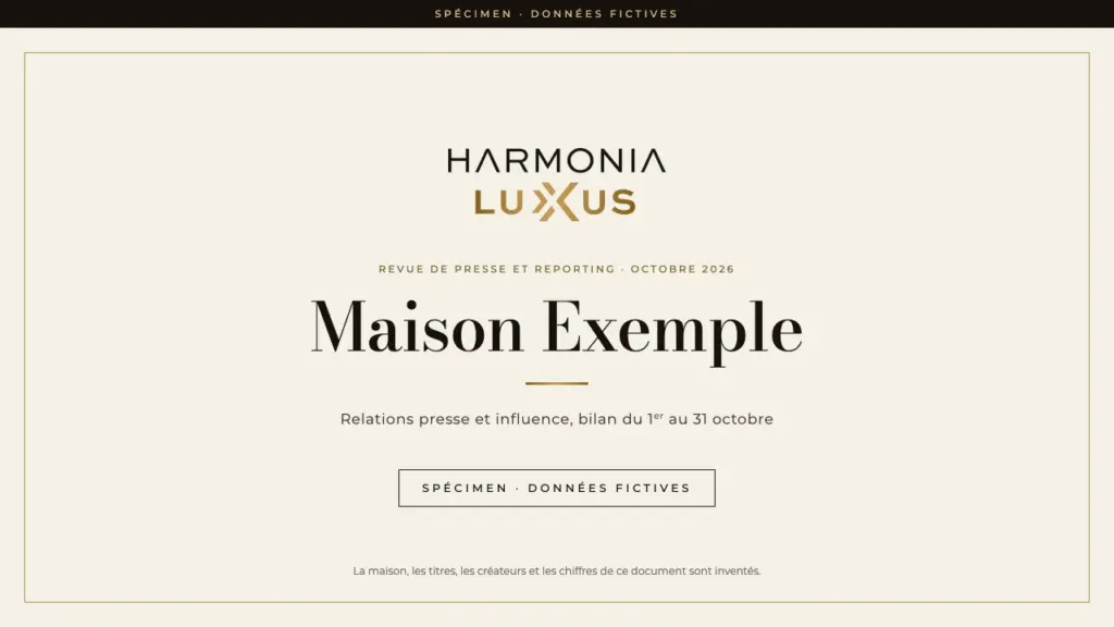 Couverture d’un reporting mensuel d’Harmonia Luxus pour une maison fictive, octobre 2026