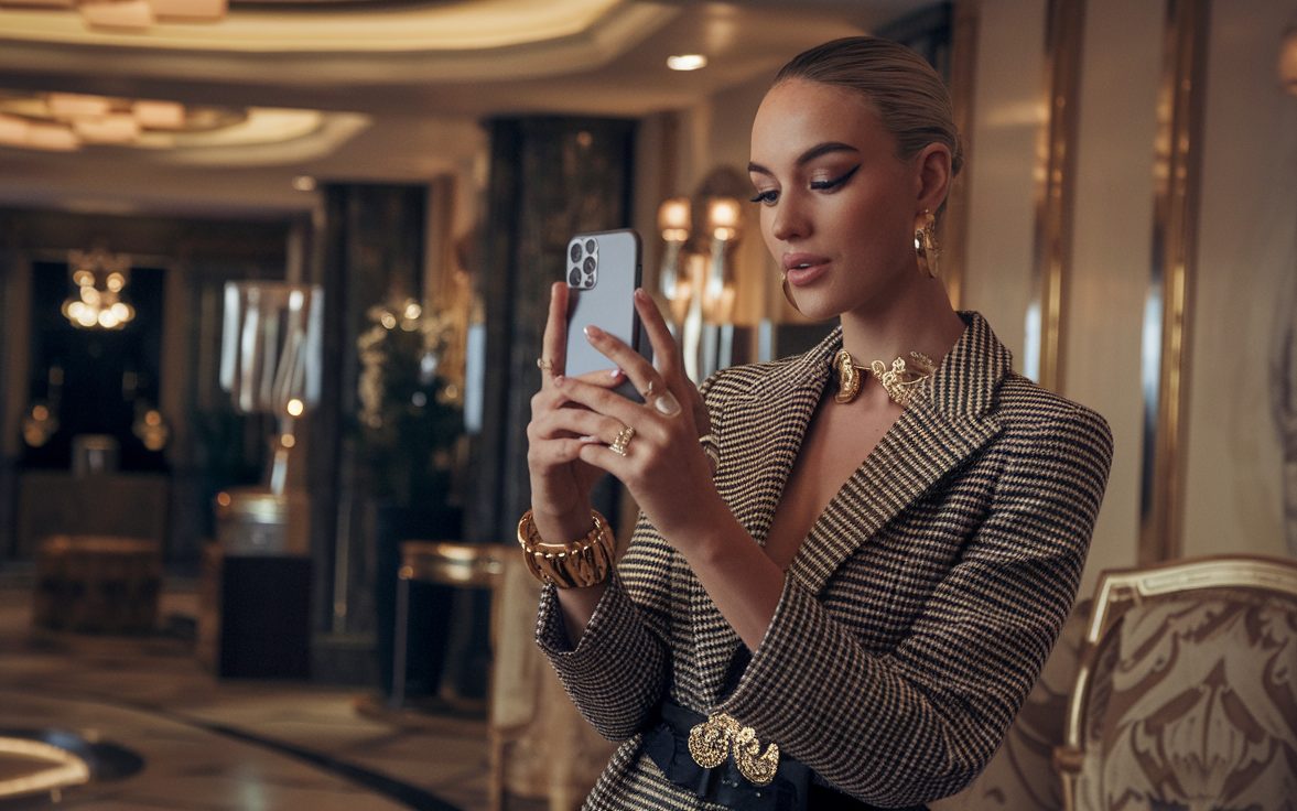 Une créatrice de contenu photographie un salon d’hôtel